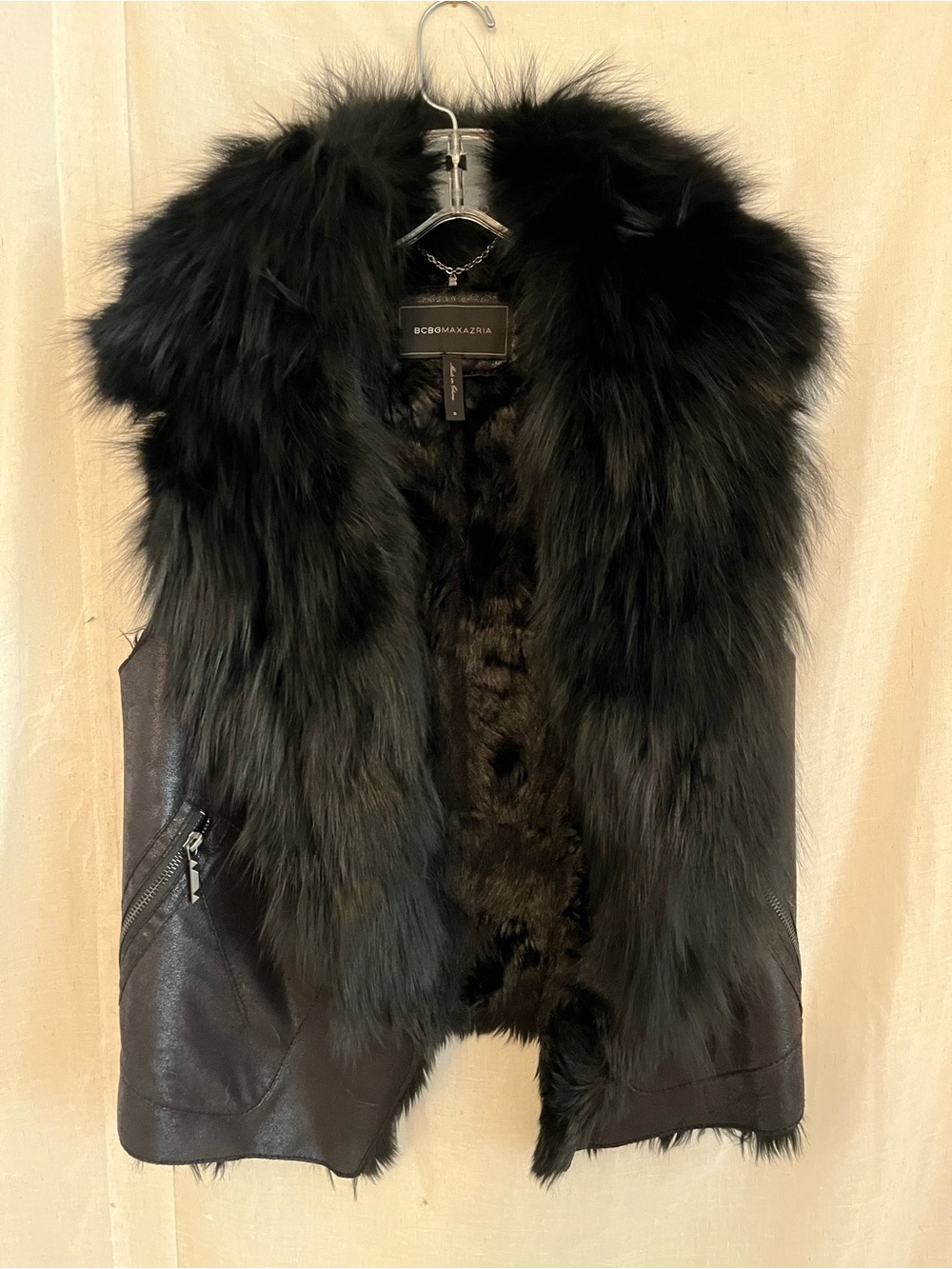 BCBGMaxAzria Black Faux Fur Trim Leather Vest